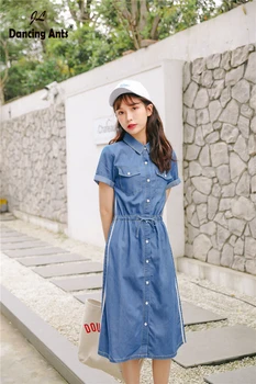 

Woman A Line Dress Short Sleeve Turn Down Collar Mid Calf Danim Pocket Button Summer Dresses Office Lady 2020 Fashion