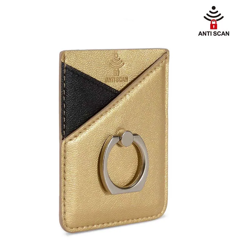gold Men Women Credit ID Card Holder Cell Phone Wallet for Men Pocket Stick On Adhesive with Finger Ring Kickstand Secure Grip RFID - Цвет: gold
