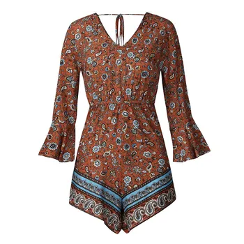 

Bohemia Long Sleeve Rompers Women Jumpsuit Summer Beach Overalls Vintage Print V-Neck VogueRompers Jumpsuit Vacation Playsuit
