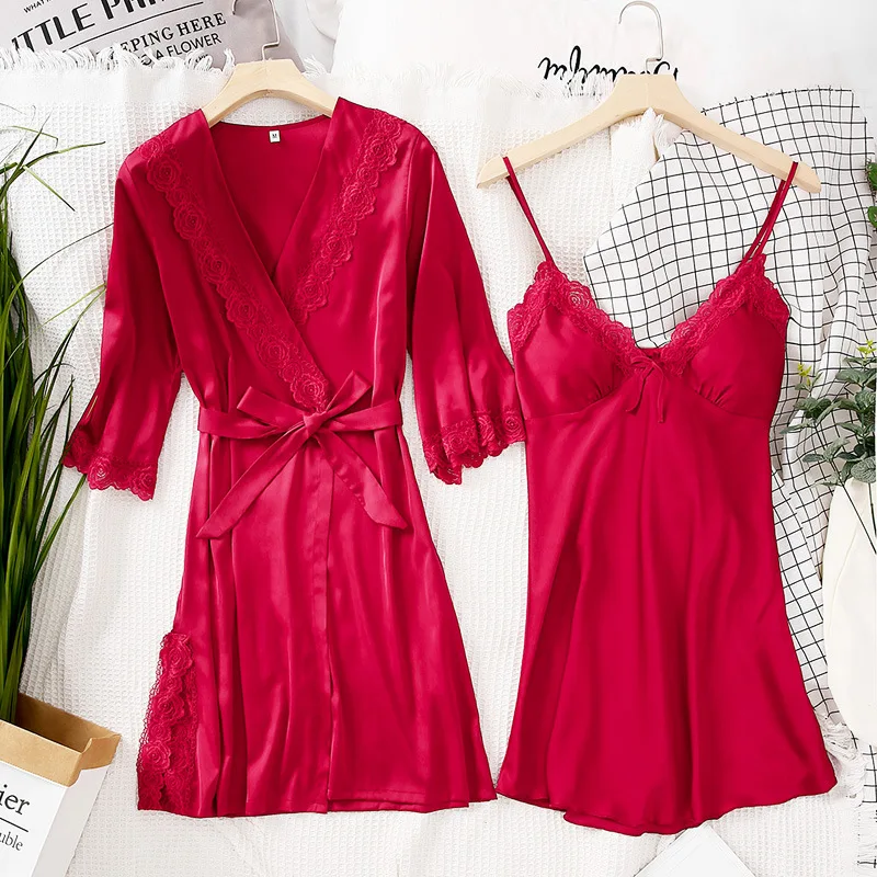 Свадебный халат для подружки невесты, 2 шт., домашнее платье, ночная рубашка, ночная рубашка, сексуальное женское шелковое кимоно из вискозы, банное платье, атласная кружевная отделка, одежда для сна