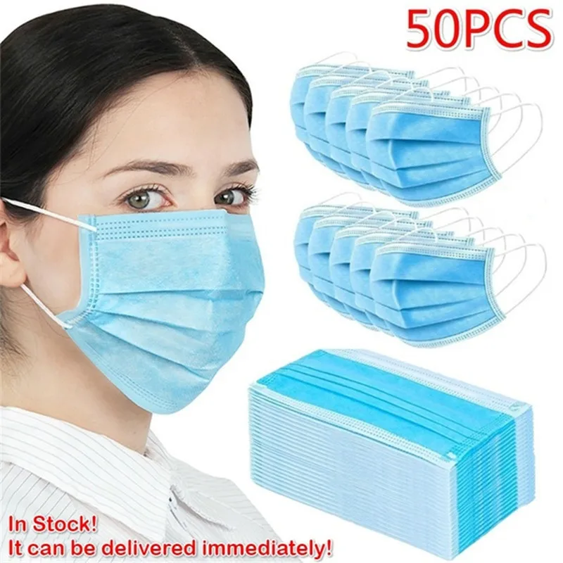 

Face Mouth Mask 50PCS Disposable Non-Woven Mouthmask Three-layer Filter For Unisex Anti-dust Mouth Facemask Wholesale
