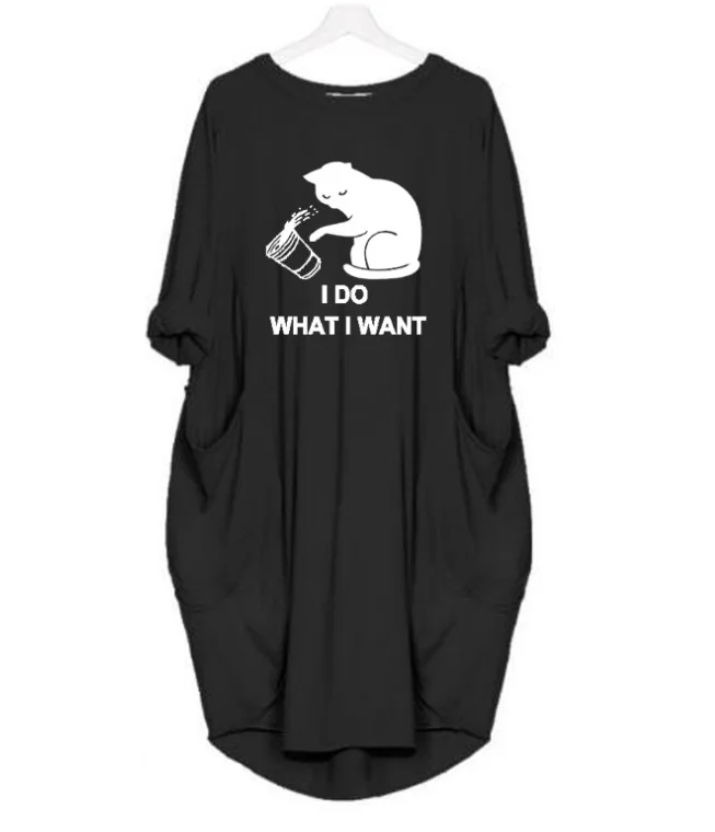 

New Fashion Women Dress Print Cat Letters I DO WHAT I WANT Dresses Vintage Summer Lolita Clothes Party Pocket Dresses