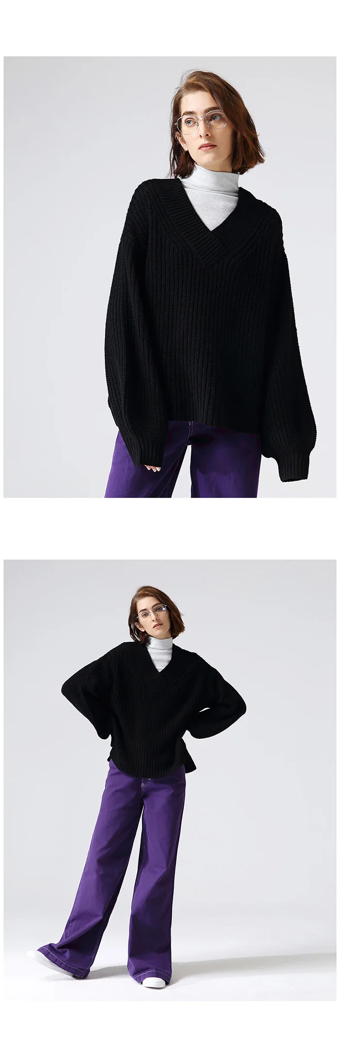 Toyouth Модные свободные свитера с v-образным вырезом, длинный рукав, сплит пуловер, верхняя одежда, топы, повседневные однотонные женские свитера