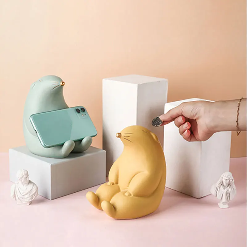 

Matte Cute Animal Ceramic Sculpture Pet Mouse Figurines Piggy Bank Phone Holder Children Room Decoration Funny Gift for Son
