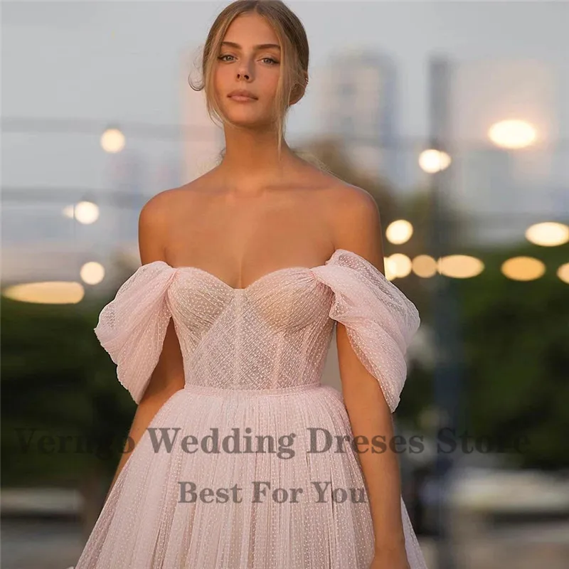 Blush Pink Prom Gown Tulle Off The Shoulder Party Dress For Women Simple A Line Evening Dress Elegant Prom Verngo evening dresses