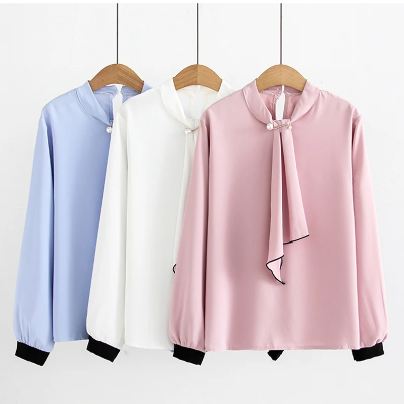 

Office Lady Womens Shirts Chiffon Blouse Beading Long Sleeve 2020 Summer Tops Korean Style Woman Clothes Blouses Chemise Femme