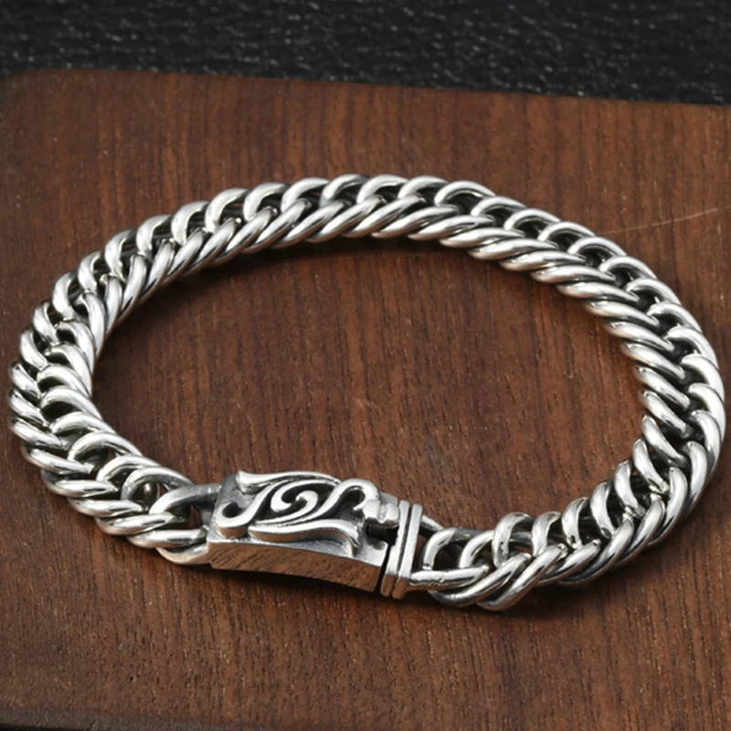 

S925 sterling silver jewelry retro flower rattan buckle Thai silver trend personality fashion bracelet men