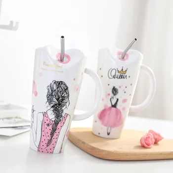 

Cute Girl Ceramic Cup 450ml Porcelain Coffee Mug with Straw Women Home Milk Tea Juice Cups Birthday Gift