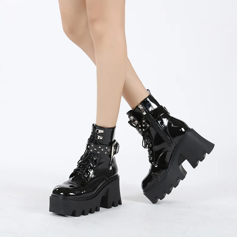 Botas de charol gótico para mujer, botines de con gruesa, estilo Punk, con cremallera, Sexy, color negro, 2021 - AliExpress Calzado
