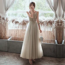 AE737 длинные платья для выпускного вечера с бисером и кристаллами, дизайн, сексуальное женское платье с v-образным вырезом на бретельках, прозрачные вечерние платья из тюля