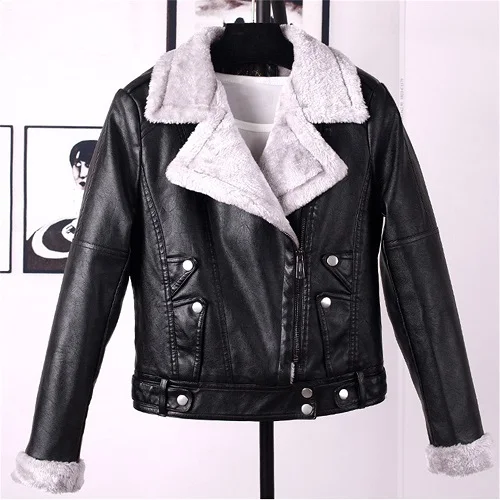 YUANSHU зимние черные теплые кожаные куртки для женщин пальто из искусственного меха женская короткая байкерская куртка на молнии уличная крутая верхняя одежда - Цвет: Black