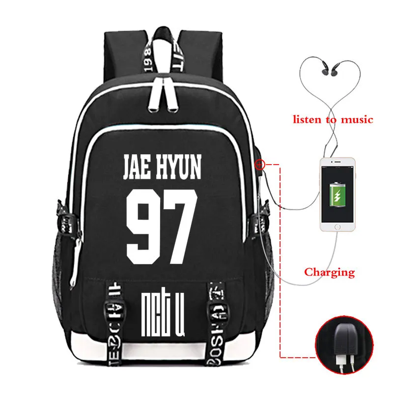 Black JaeHyun Kpop NCT backpack multifunction USB charging earphone Jack back to school bag fashion NCT 127 Kpop stationery new arrivals - Цвет: Black JaeHyun