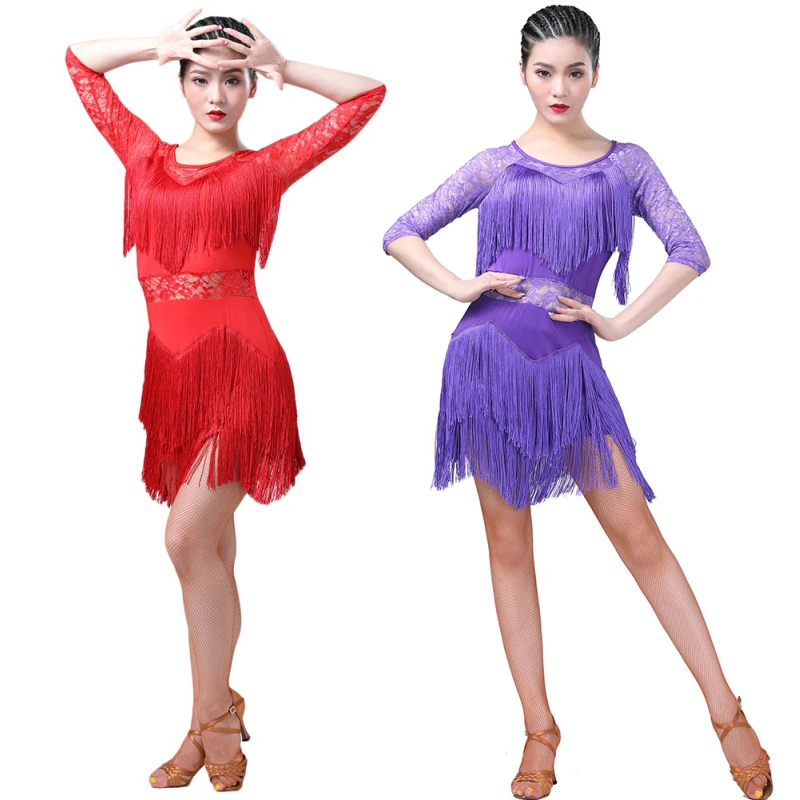 Модная индивидуальная кружевная одежда для латинских танцев, танцевальная одежда, платье с кисточками