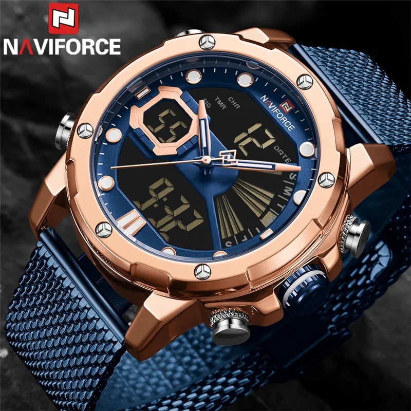 Часы наручные NAVIFORCE Мужские кварцевые цифровые спортивные брендовые Роскошные в