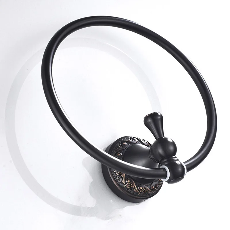 Bathroom Towel Ring Bathroom Towel Holder Anit-Rust Bathroom Towel holder Solid Copper Wall-Mounted Round BLACK Towel Ring Classic Rack with Flower Carved