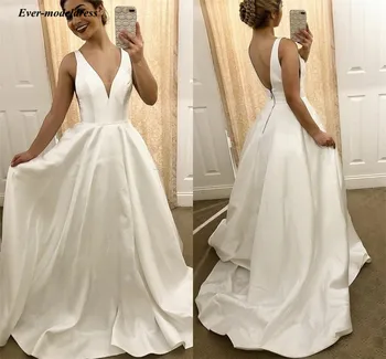 

2019 Simple V-Neck Wedding Dresses Sleeveless Backless Summer Garden Bridal Gowns Sweep Train Cheap Customized robe mariage