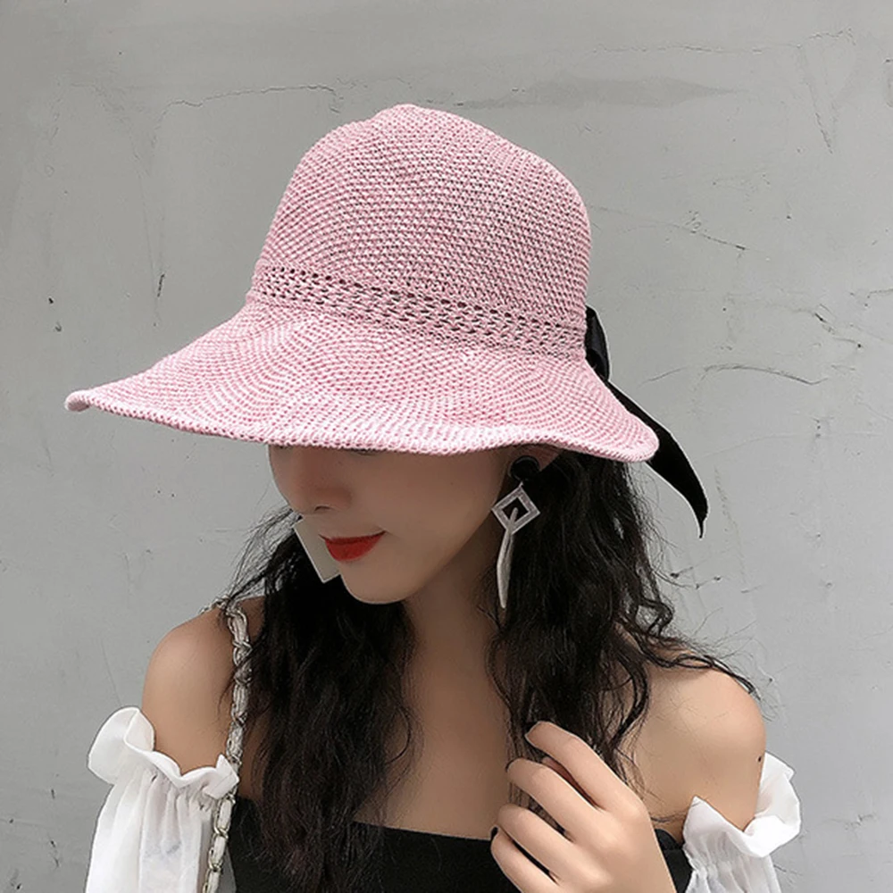 

Summer Female Straw Sun Hat Sun Cap Floppy Straw Hat Women Ladies Wide Brim Beach Foldable Bow FlowerOne Size Wide