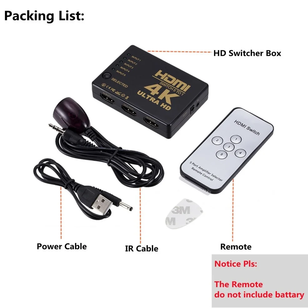 HDMI Switch 4K HDMI-compatible Switcher 5 Port HD Switch Selector Splitter