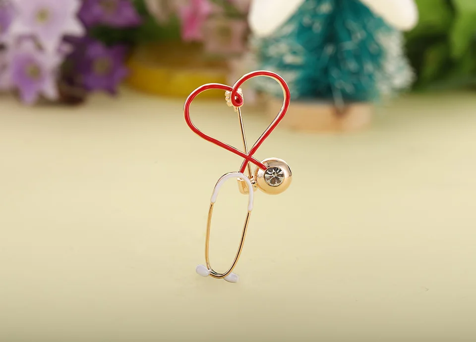 Funmor Lovely Heart Stethoscope Brooch Copper Pin Enamel Crystal Jewelry Women Doctor Uniform Decoration Accessories Work Bijoux