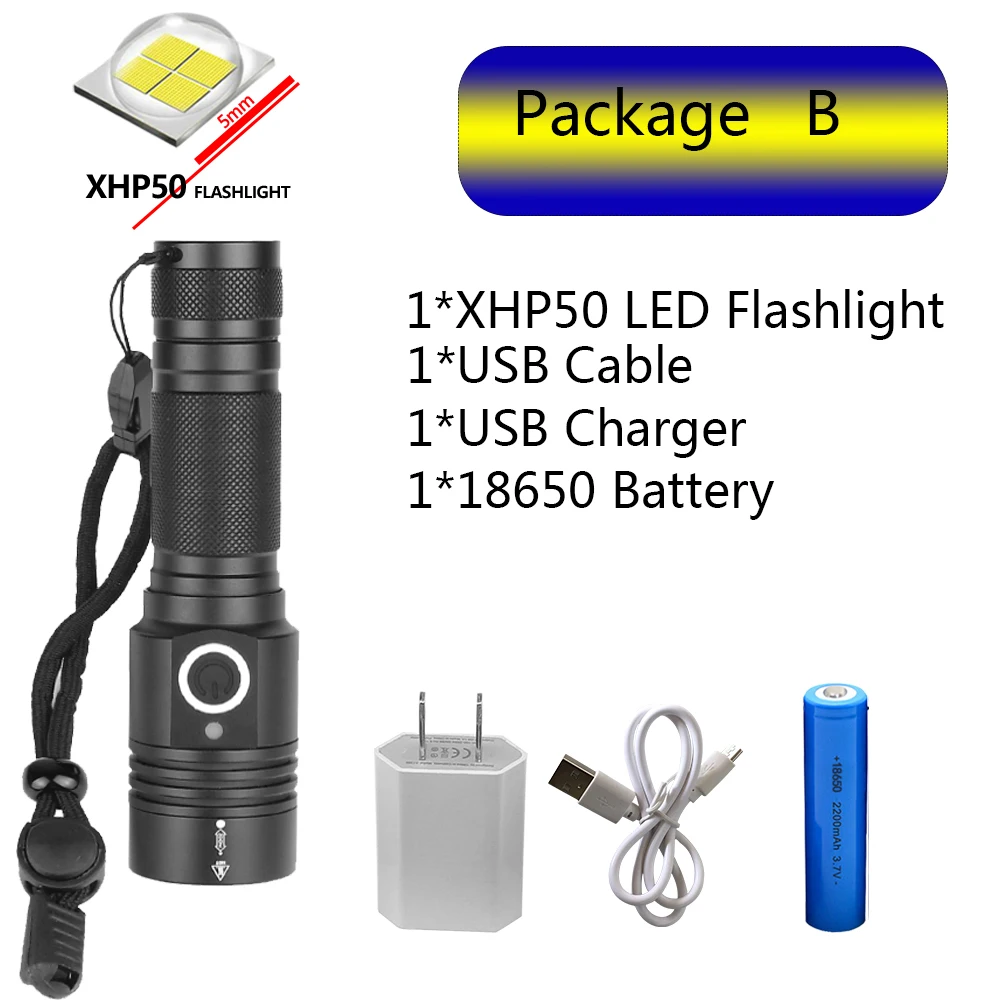 Package B Самый мощный светодиодный светильник XHP70 с подзарядкой от USB, фонарь с зумом XHP50, ручная лампа 26650, 18650, светильник с батареей - Испускаемый цвет: Package B