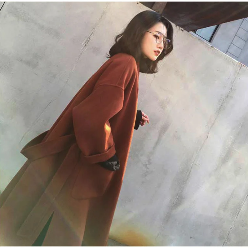 Хепберн модный пояс женское длинное кашемировое пальто корейские свободные офисные женские шерстяные куртки карманы элегантная женская верхняя одежда