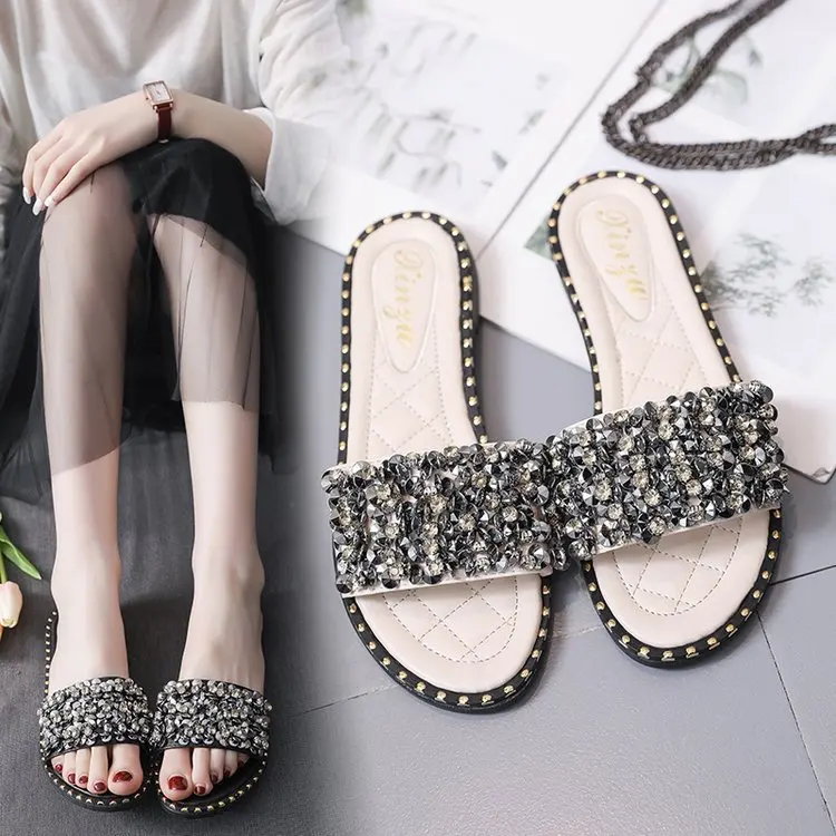 

Europe And America 2019 New Style Large Size Man-made Diamond Flat Sequin Casual Elegant Female Slippers Sandals