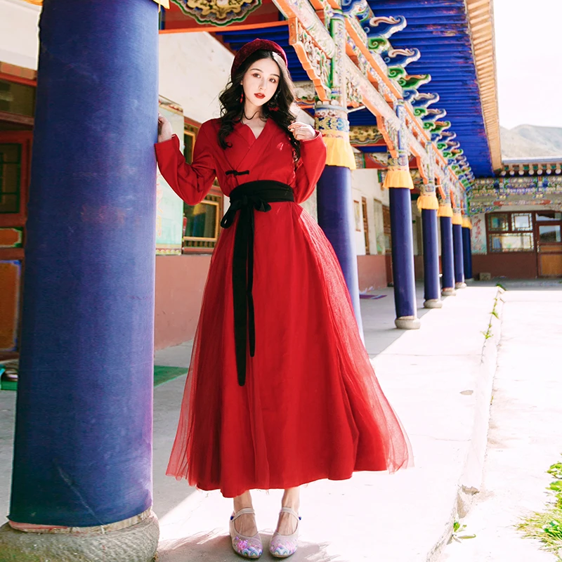 Винтажный Женский Тренч, Сетчатое модифицированное платье Hanfu, двойной плащ Huai, красный, 3521