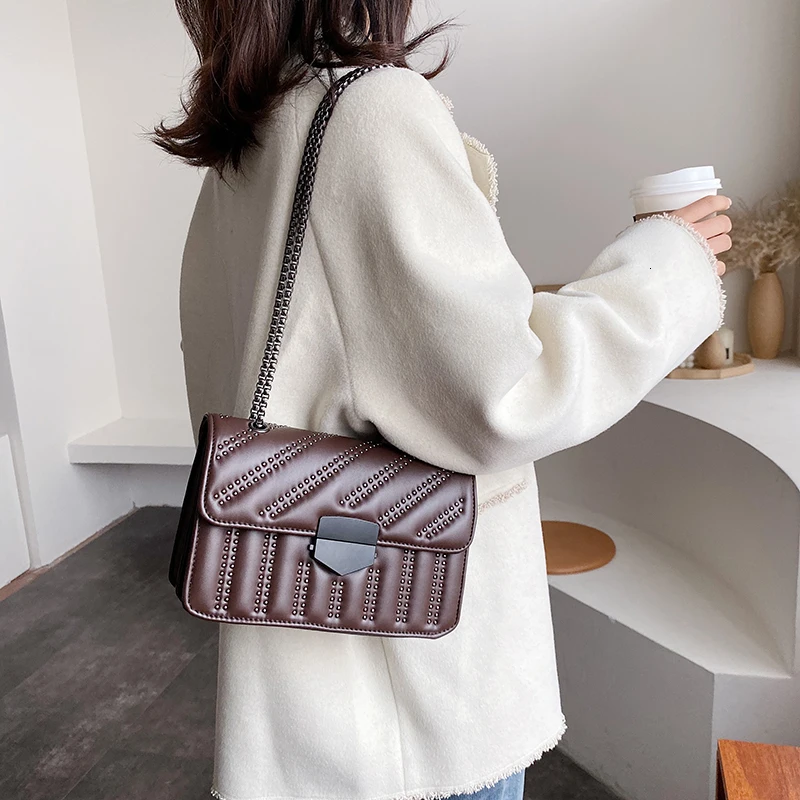 Small PU Leather Crossbody Bags For Women Rivets Designer Chain Shoulder Messenger Bag Female Travel Handbags