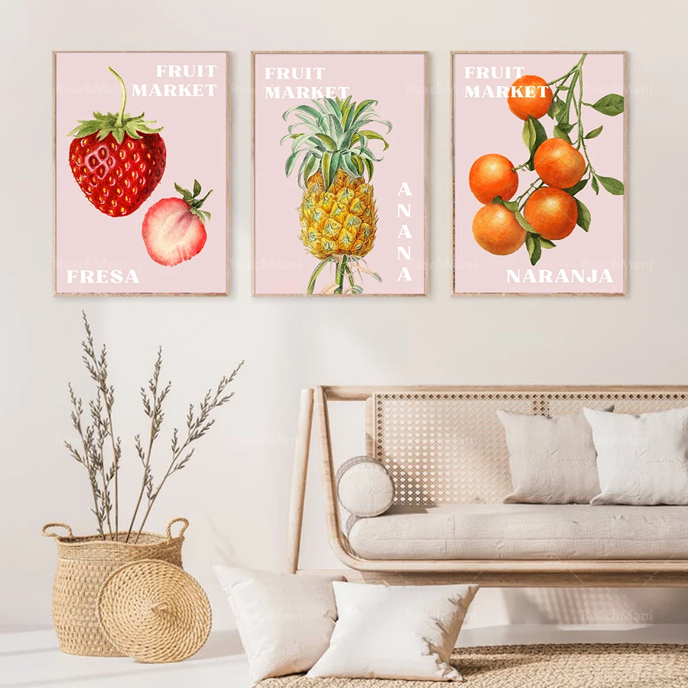 

3-piece fruit print set, food art print bouquet, pineapple print, strawberry art orange print, kitchen decoration wall canvas po