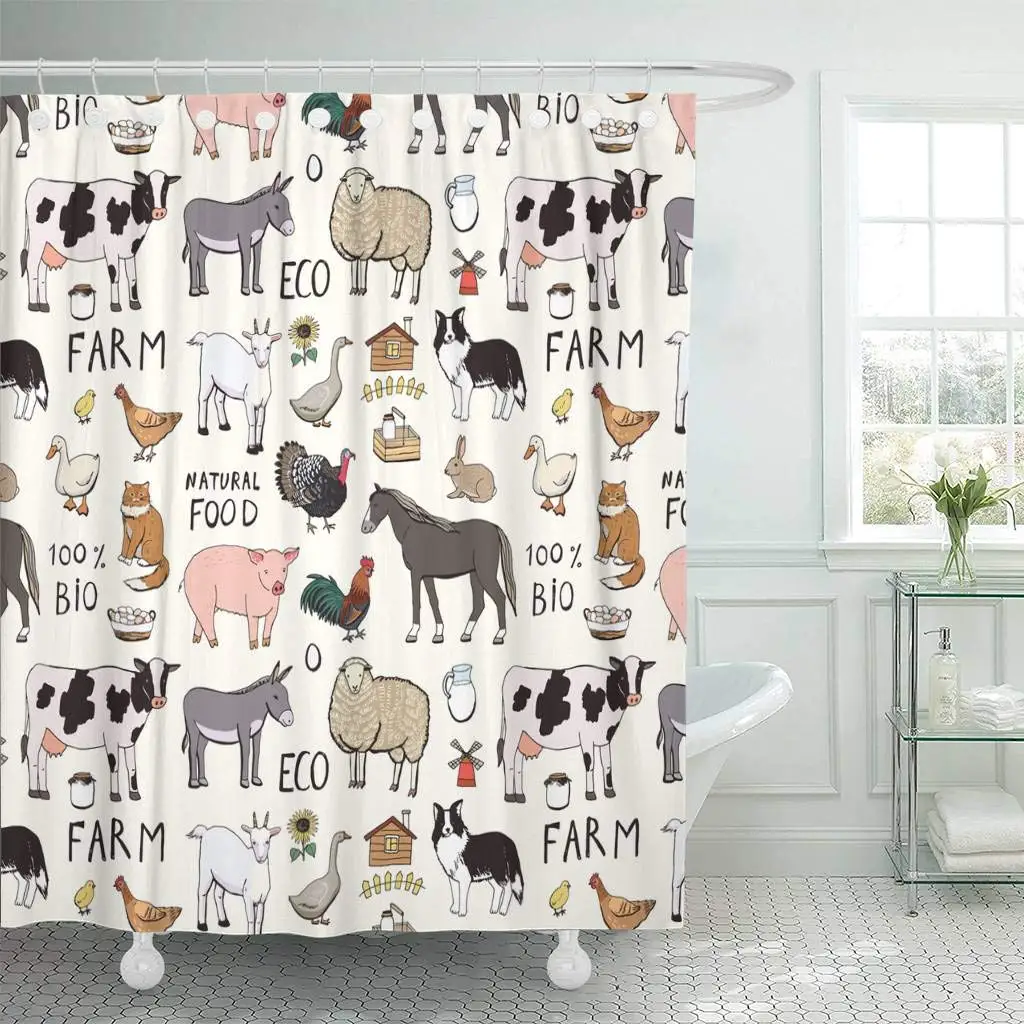 

Fabric Shower Curtain with Hooks Sketch Farm Animals Pattern Agriculture Baby Bird Border Collie Cartoon Cat 60"X72" Decorative