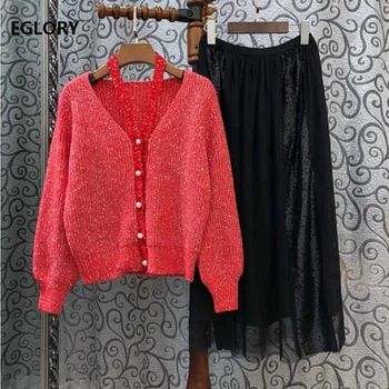 

2019 Autumn Knitted Cardigan Sets Women V-Neck Beading Buttons Red Green Cardigan Jacket+Sequined Black Long Skirt Set 2 Piece