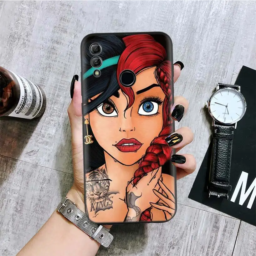 Татуировка девушка принцесса черная крышка чехол для телефона для huawei Y9 Y5 Y6 Y7 Honor 10 9 Lite 9X8X8 S 8A фотоаппаратов моментальной печати 7S 7A 10i 20i V20 Coque Капа