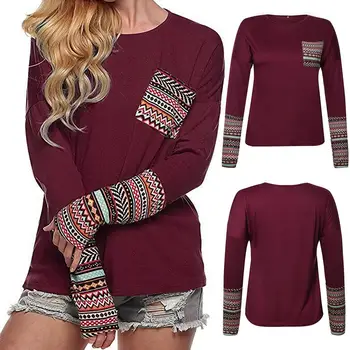 

Women Casual O Neck Long Sleeve Stitching Pocket Cuff Pullover Plus Size T-shirt