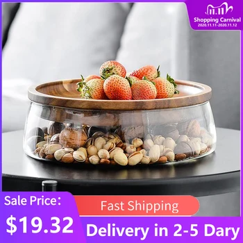 

Creative Glass Nuts And Dry Fruits Storage Box Container Double Layer Candy Storage Box With Wooden Lid For Home Kitchen Supply