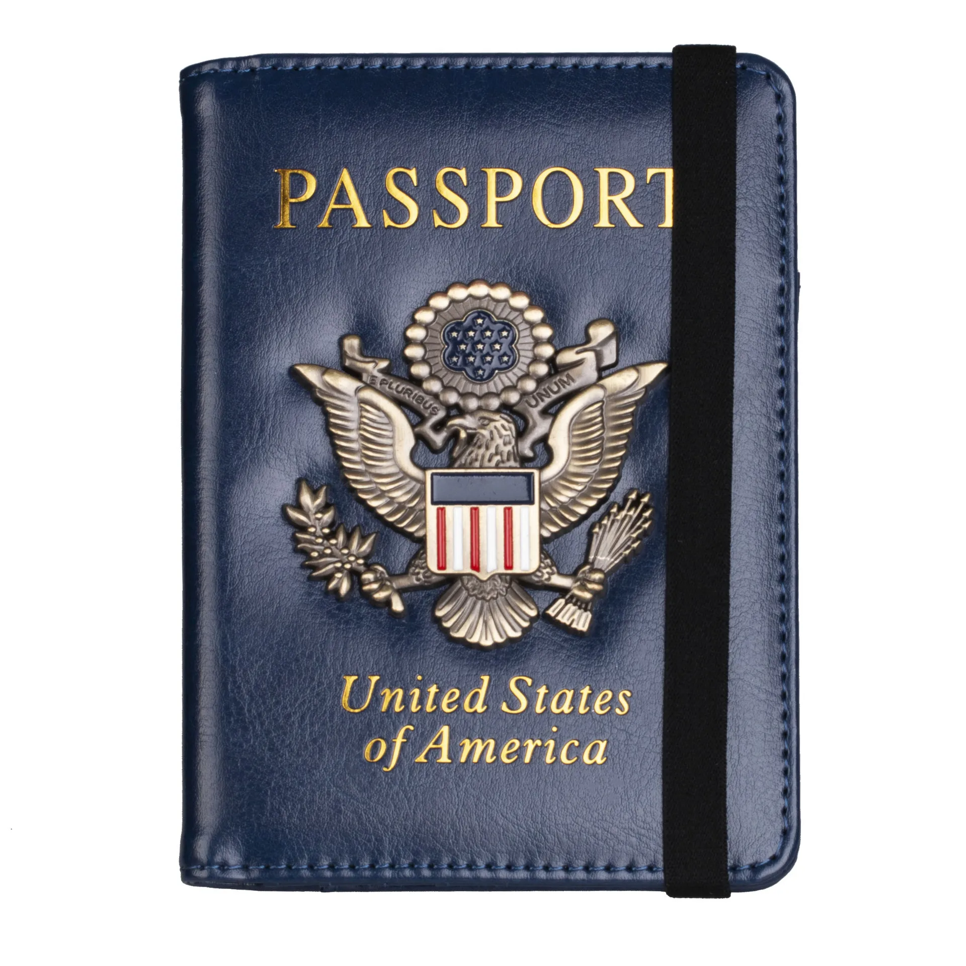 

Trassory 2020 New Design USA United States America Leather Passport Holder RFID Blogin with Elastic Band