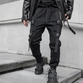 

Fitas de inverno dos homens do outono cintura elástica casuais calças cargo com muitos bolsos homem harajuku do punk hip hop cor
