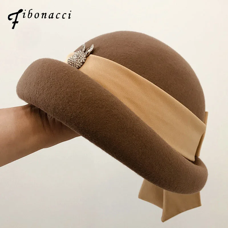 

Fibonacci Fashion Hat Elegant Female Fedoras Wool Felt Hat Ribbon Bow Floral Formal Berets Fedora Hats for Women Winter