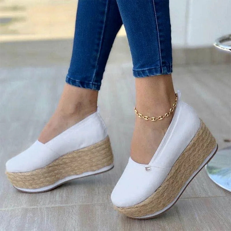 Calzado con plataforma mocasín de lona para Mujer, zapatillas informales de cáñamo poco profundo, suela gruesa, cómodas, sin cordones, para verano, 2021