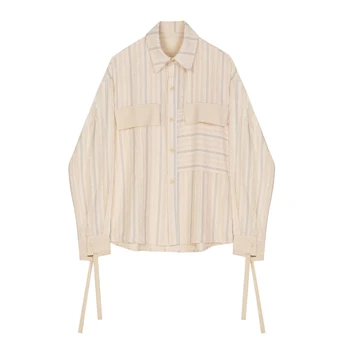 

Spring female shirt pocket casual striped long-sleeved shirt lapel decoration