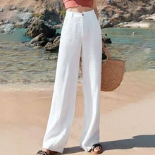 Cotton Linen Women Casual Loose White Wide Leg Pants Korean Ladies Streetwear Oversized High Waist Zipper Straight Trousers