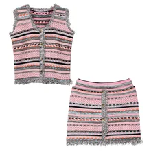 Лето, Новая женская маленькая милая Вязаная блуза в полоску с кисточками и юбка, комплект из двух предметов