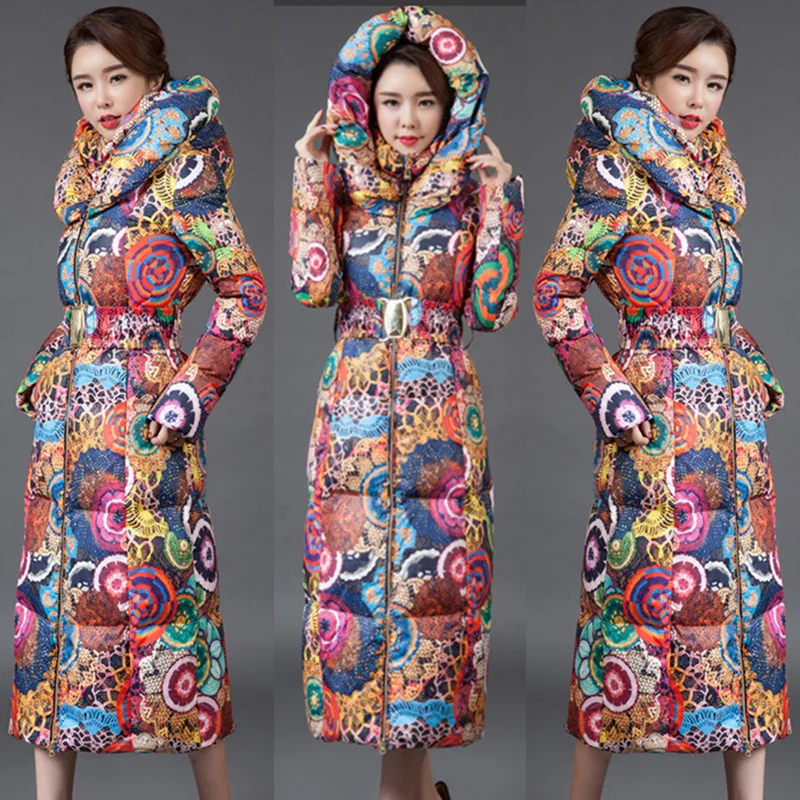 

2019 Free Shipping New Fashion Autumn Winter Women Work Wear Plus Size European Coat Down Cotton Padded Thick Knee Printed