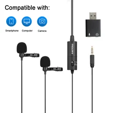 Dual Lavalier Condenser Hands Free Clip-on Lapel Microphone with USB adapter for Camera,Smartphone, Tablet, Pad, PC, Laptop &