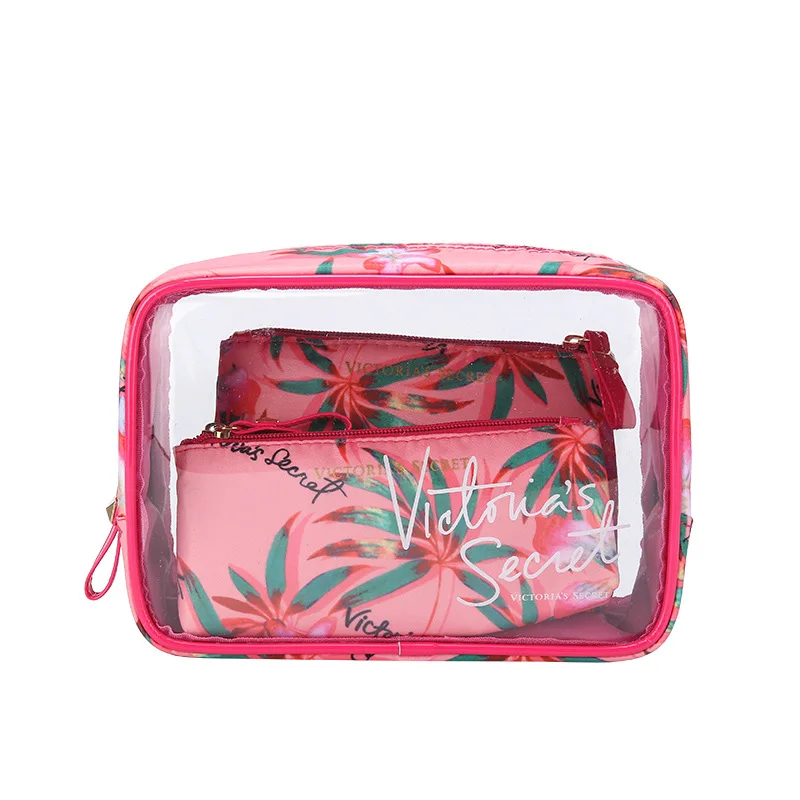 Luxurious 2020 New Style Portable PVC Cosmetic Bag 3pcs Set Outdoor Travel Waterproof Wash Bag Pink Fashion Transparent photo