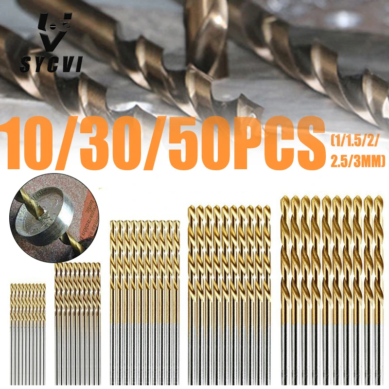 50 Pcs Titanium Coated HSS High Speed Steel Drill Bit Set Tool 1/1.5/2/2.5/3 mm
