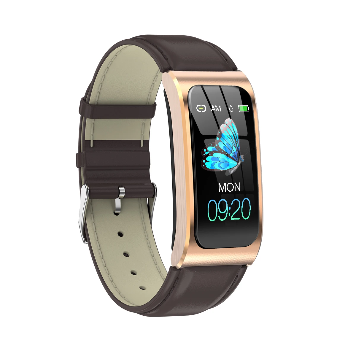 Gold Brown Leather Смарт-браслет AK12 ips цветной экран Bluetooth фитнес-браслет для мужчин/женщин Сфигмоманометр мужской Стройный цикл монитор активности - Цвет: Gold Brown Leather