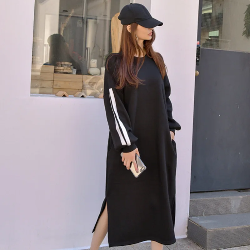 

Long-sleeved Dress Women's Casual Loose-Fit Mixed Colors Slit Hemline at Hem Sleeves Mixed Colors Clothes Female Autumn Women's