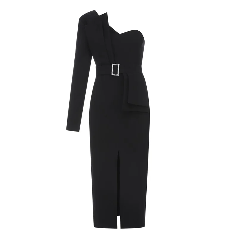 VC,, новое шикарное сексуальное платье на одно плечо с длинными рукавами и поясом, дизайнерские вечерние платья знаменитостей - Цвет: Черный