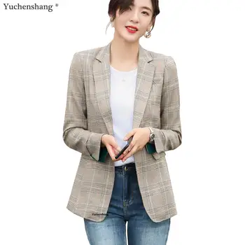 

Women plaid blazer with pockets office lady work wear outerwear chic jackets long sleeve single button female stylish coats