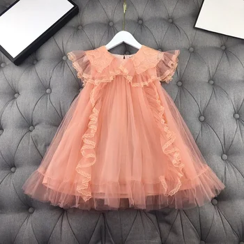 

European and American parent-child outfit 2020 spring and summer new styles Lace mesh with short sleeves pleated Girl's dress